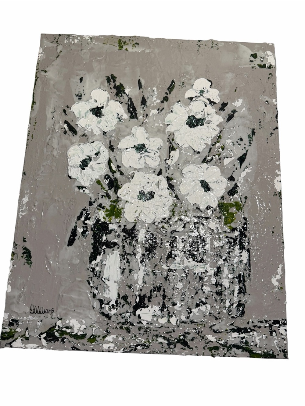 Original Artwork Blooms Textured White with Dark Green on Gray 16 x 20"